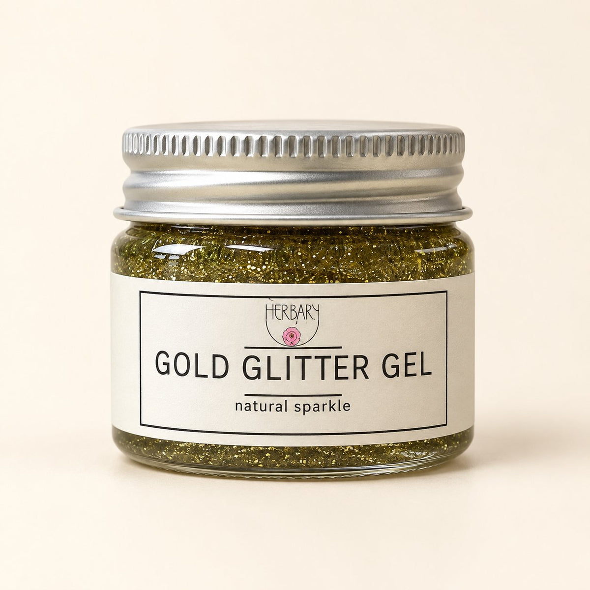 Gold Glitter Gel 15ml by The Herbary — studio product photograph on an ivory background