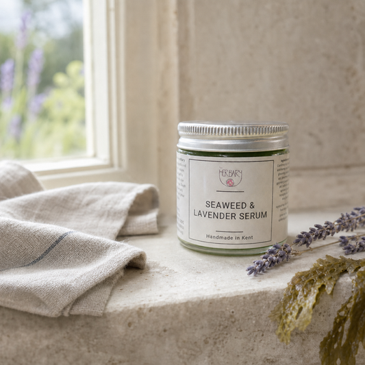 Seaweed and Lavender Face Serum in a calm botanical skincare setting