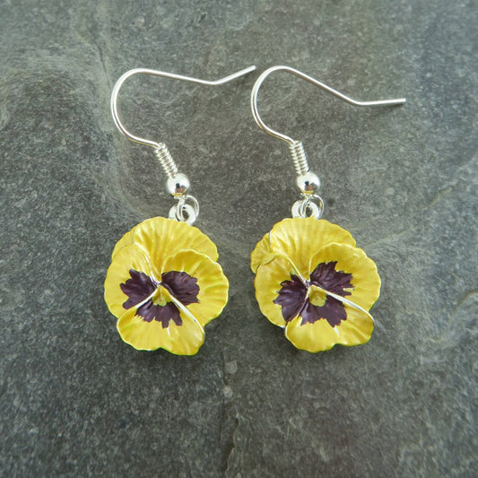 Pansy Yellow Flower Drop Hook Earrings