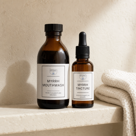 Fresh Mouth Care Set on a warm bathroom shelf