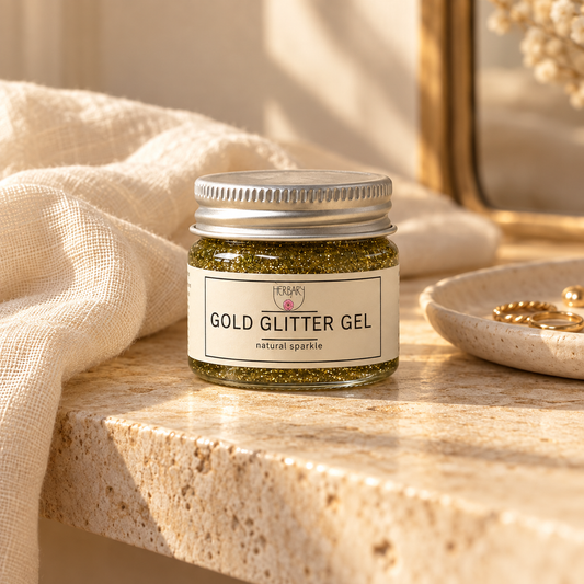 Gold Glitter Gel jar on a sunlit dressing table with cream linen — The Herbary