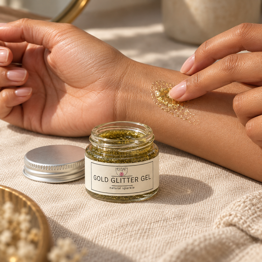 Gold Glitter Gel being dabbed onto a wrist — The Herbary
