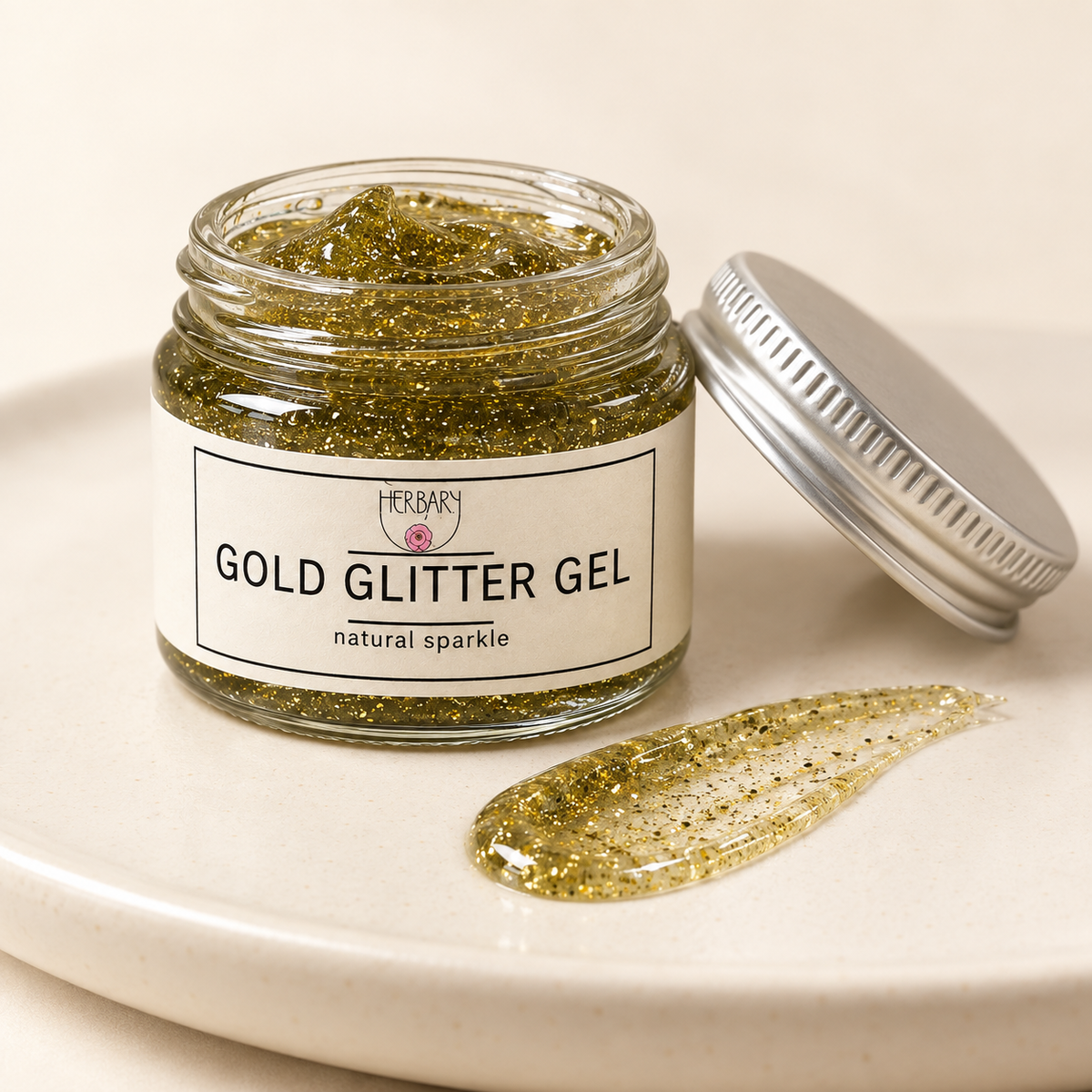 Open Gold Glitter Gel jar with a swipe of translucent gold glitter gel — The Herbary