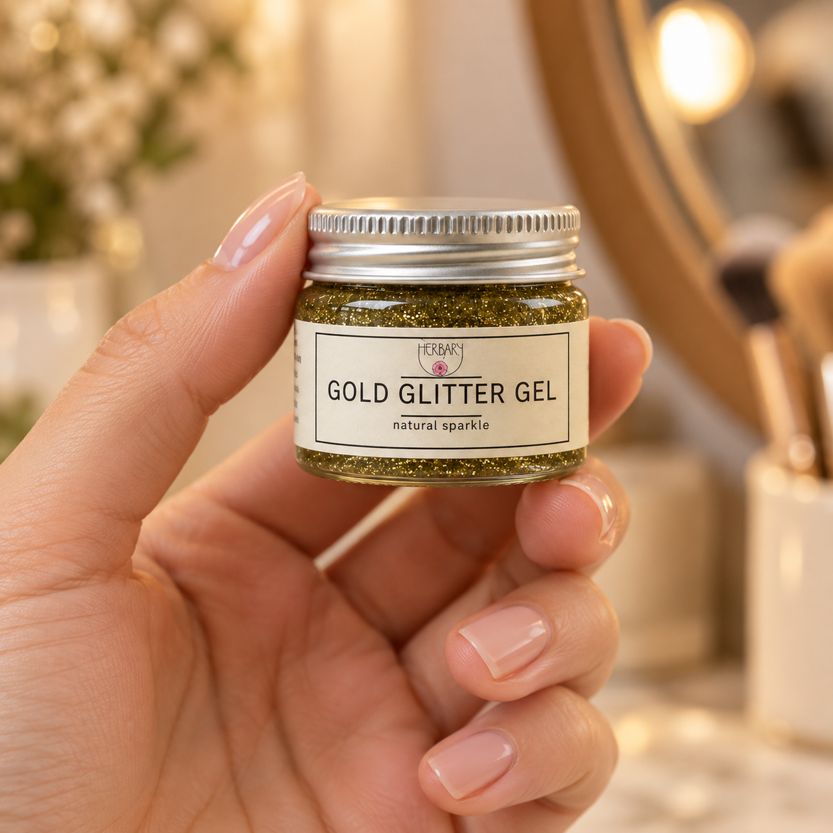 Small Gold Glitter Gel jar held in one hand — The Herbary