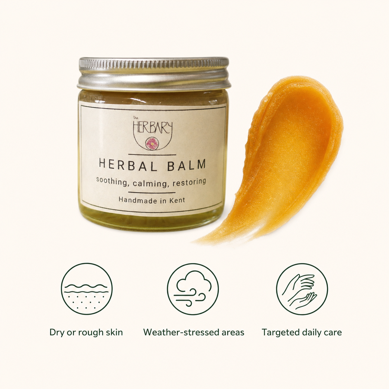 Herbal Healing Balm with Calendula, Comfrey & St John's Wort — texture and suitability graphic