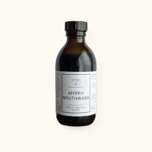 Myrrh Mouthwash on cream background with shadow