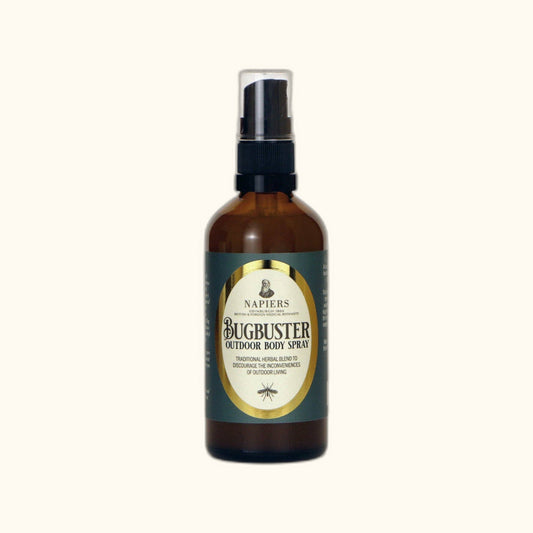 Napiers Bugbuster Outdoor Body Spray on clear cream background