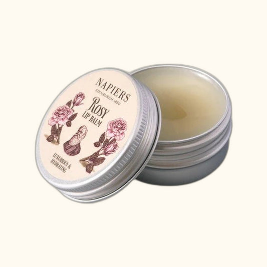 Napiers Rosy Rose Lip Balm on clear cream background
