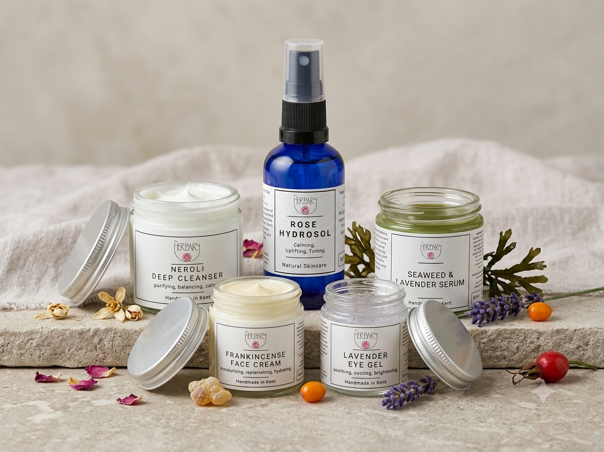 Collection of skincare products including jars and a spray bottle on a neutral background with decorative elements.
