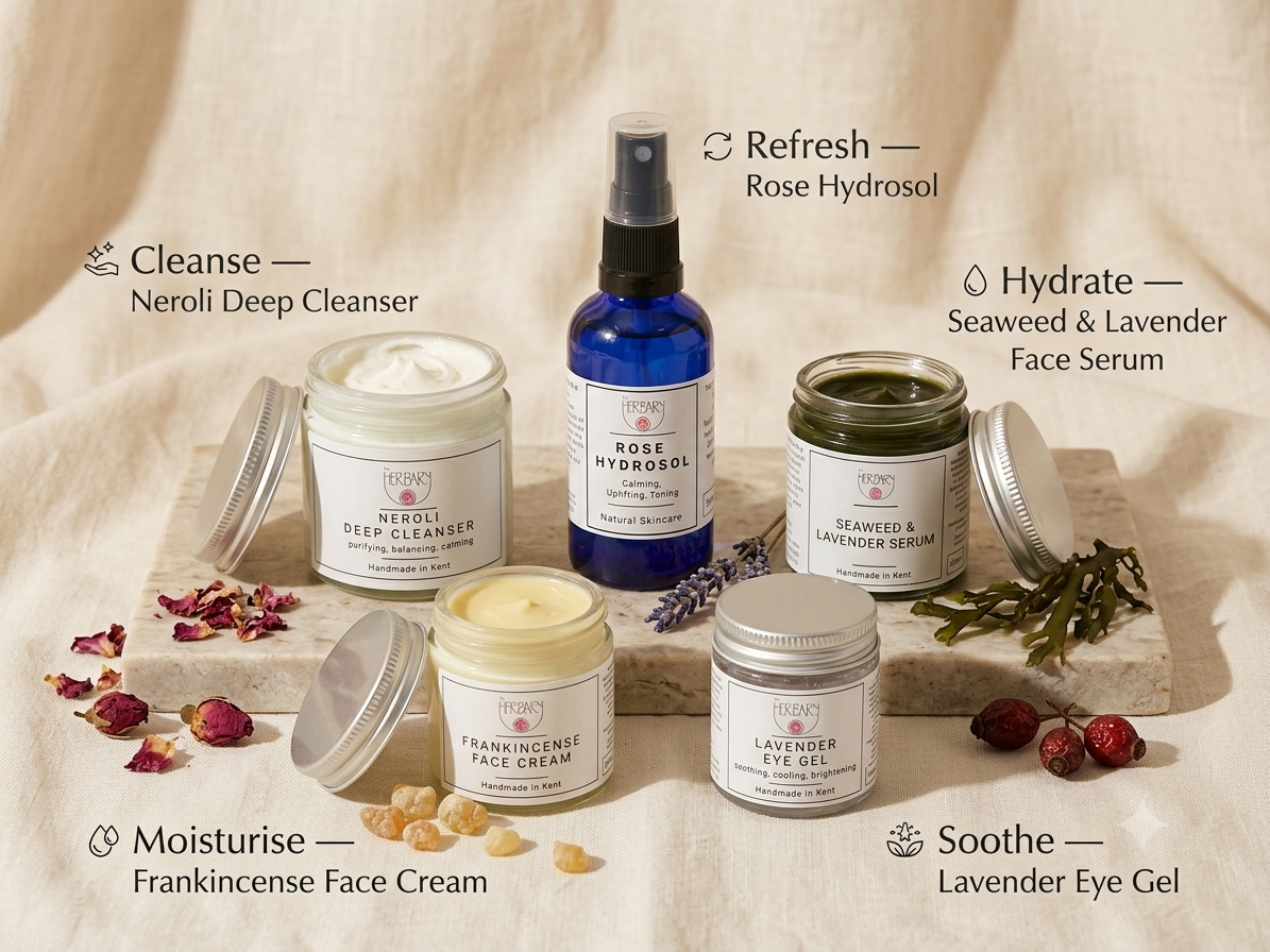 Collection of skincare products with labels on a neutral background