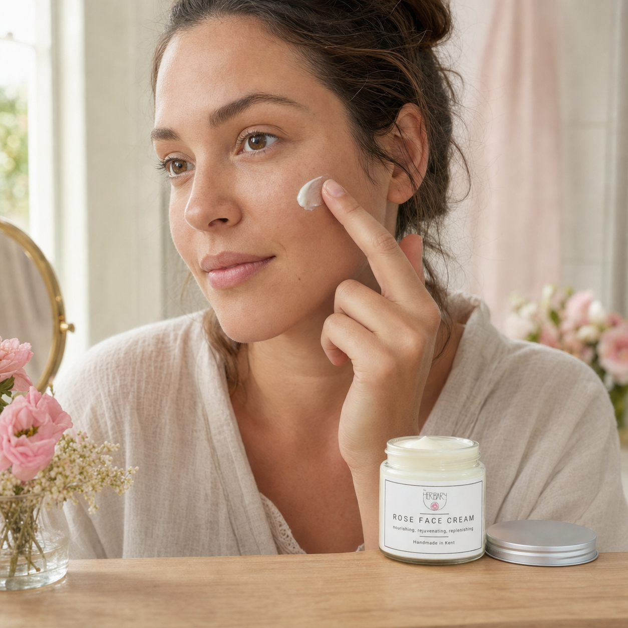 Applying Rose Face Cream as the moisturising skincare step