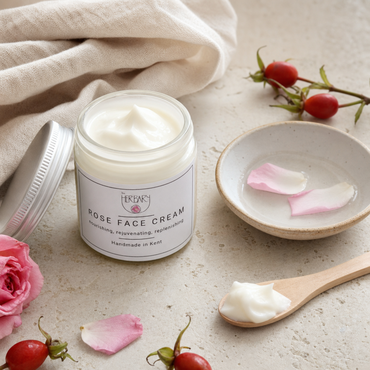 Rose Face Cream texture and rose botanical routine still life