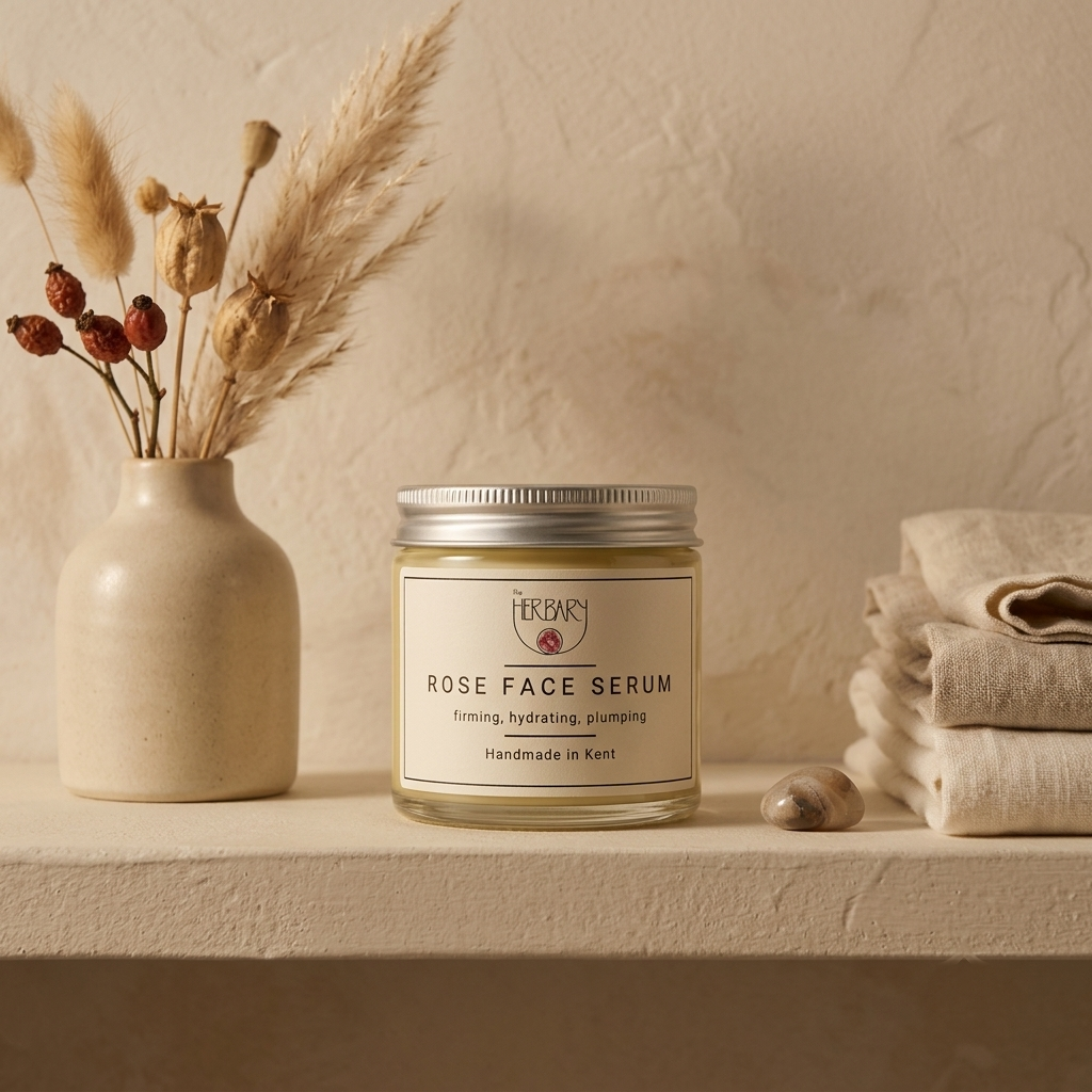 The Herbary Rose Face Serum jar beside dried botanicals and folded linen
