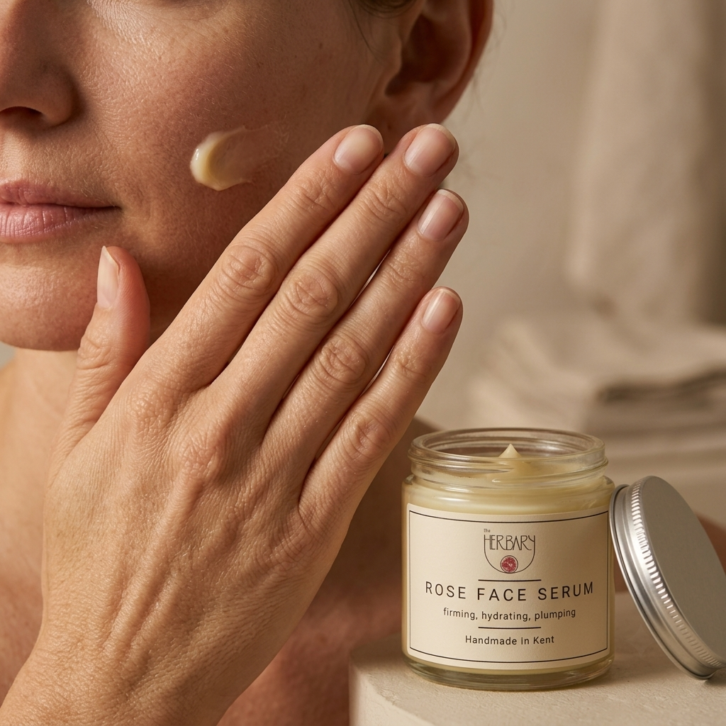 Applying The Herbary Rose Face Serum to the cheek beside the open jar