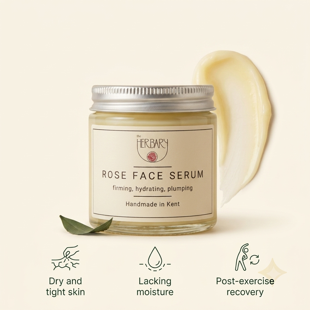 The Herbary Rose Face Serum jar with product texture and skin-suitability icons