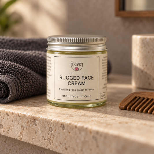 Rugged Face Cream on a stone bathroom shelf with a charcoal towel — The Herbary