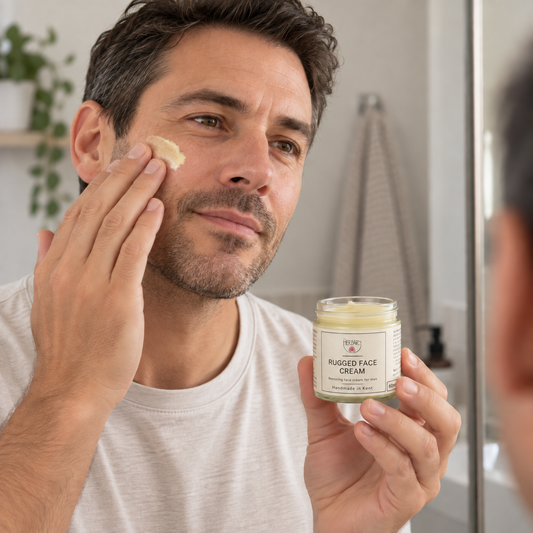 Rugged Face Cream being applied to the cheek — The Herbary