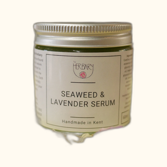 Seaweed and Lavender Face Serum on clear cream background