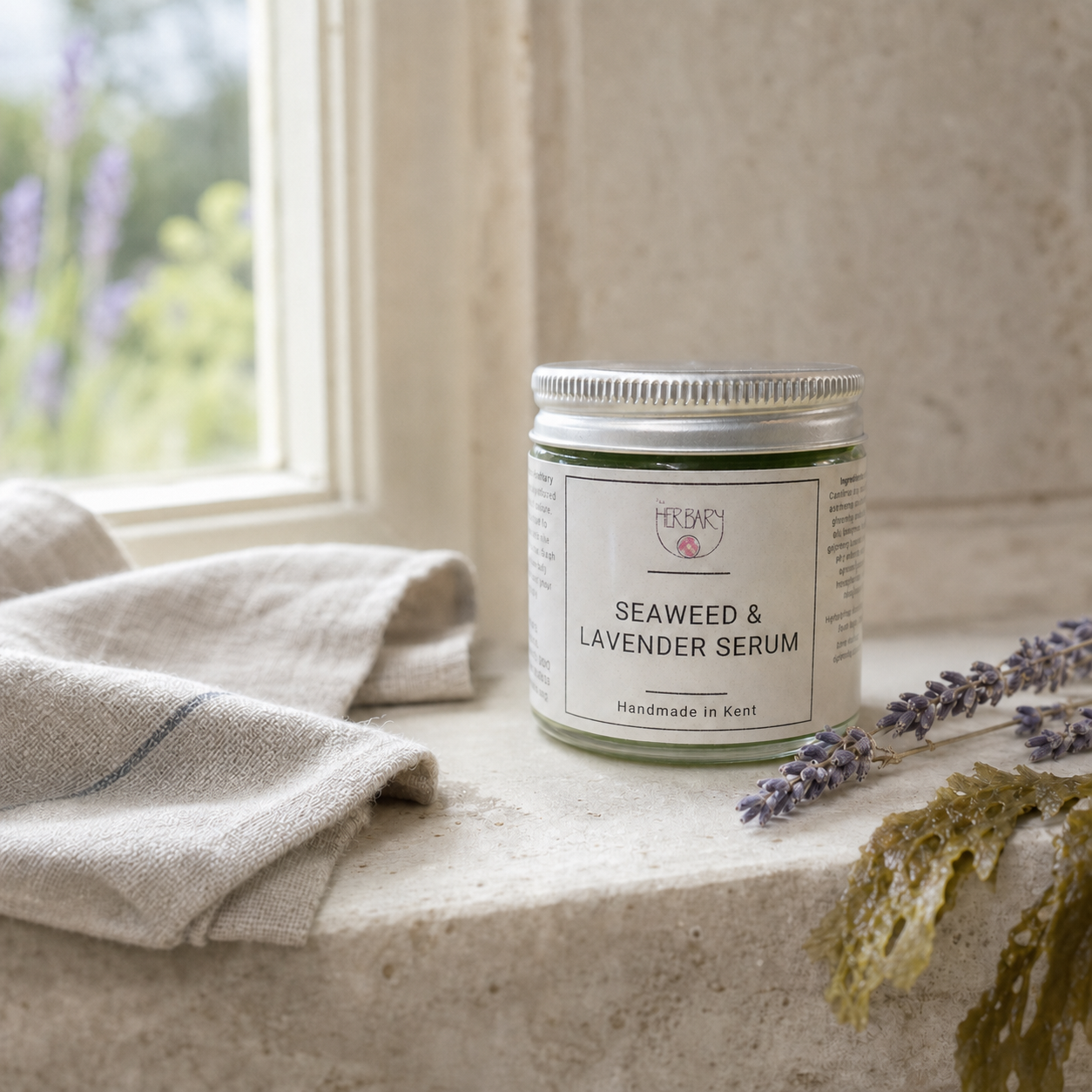 Seaweed and Lavender Face Serum in a calm botanical skincare setting