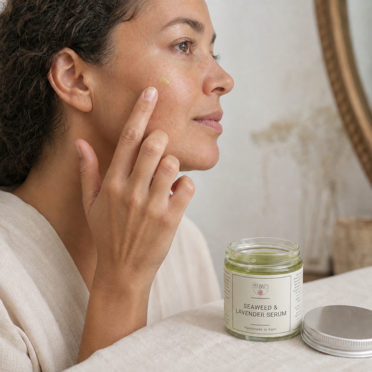 Applying Seaweed and Lavender Face Serum as a light daily layer